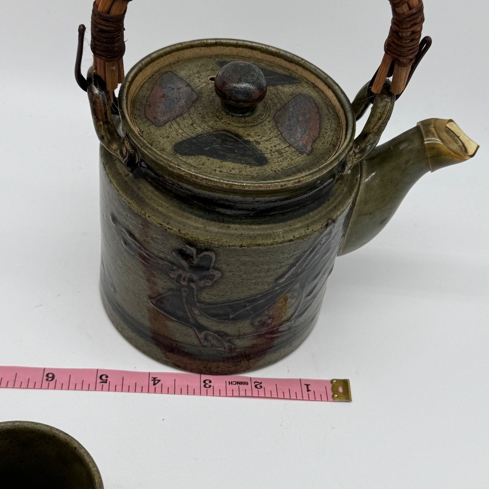 Vintage Japanese Studio Pottery Teapot 3 Cup Set Wabi Sabi Reed Cane Handle - Picture 12 of 12